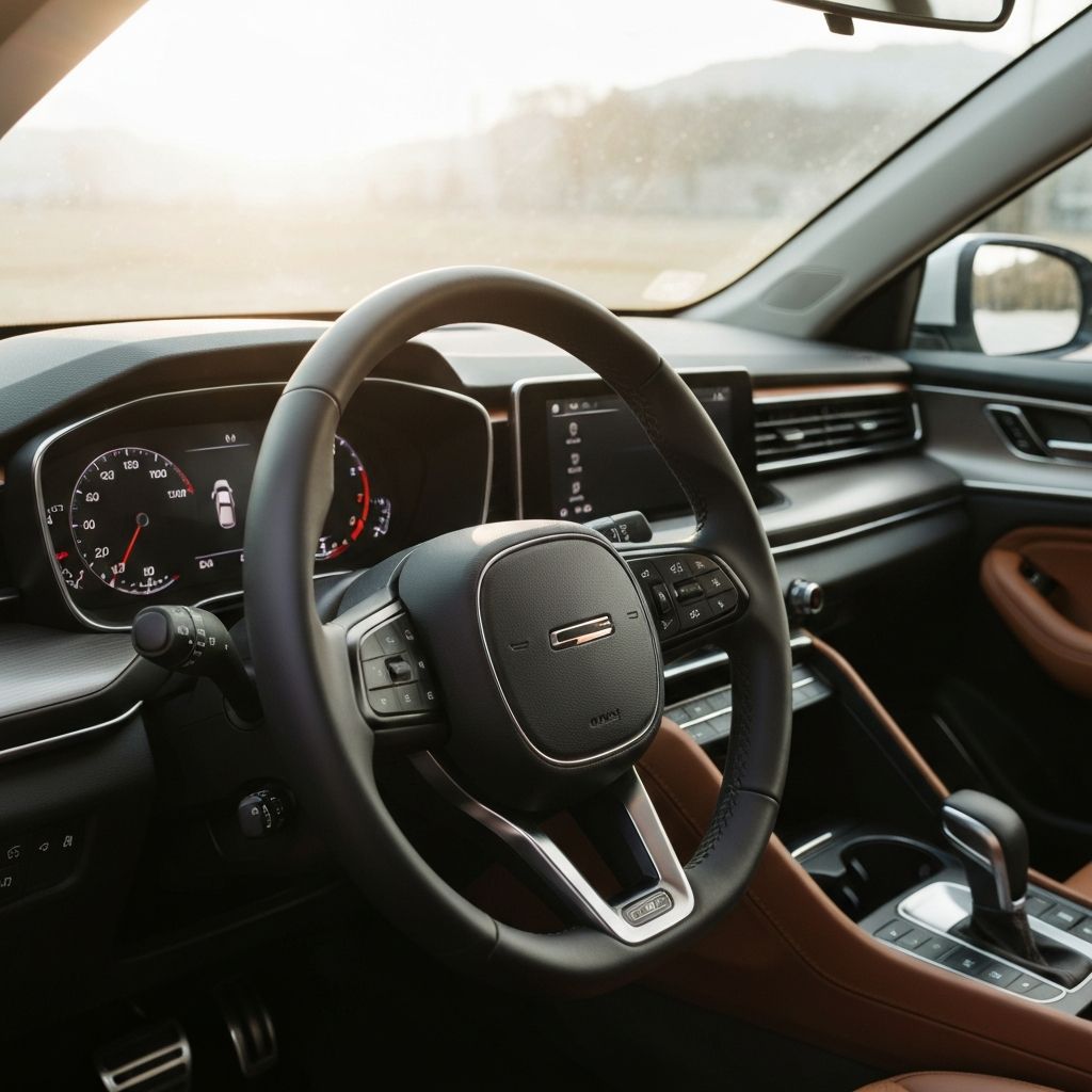 Car steering wheel and dashboard interior representing learner driver lessons