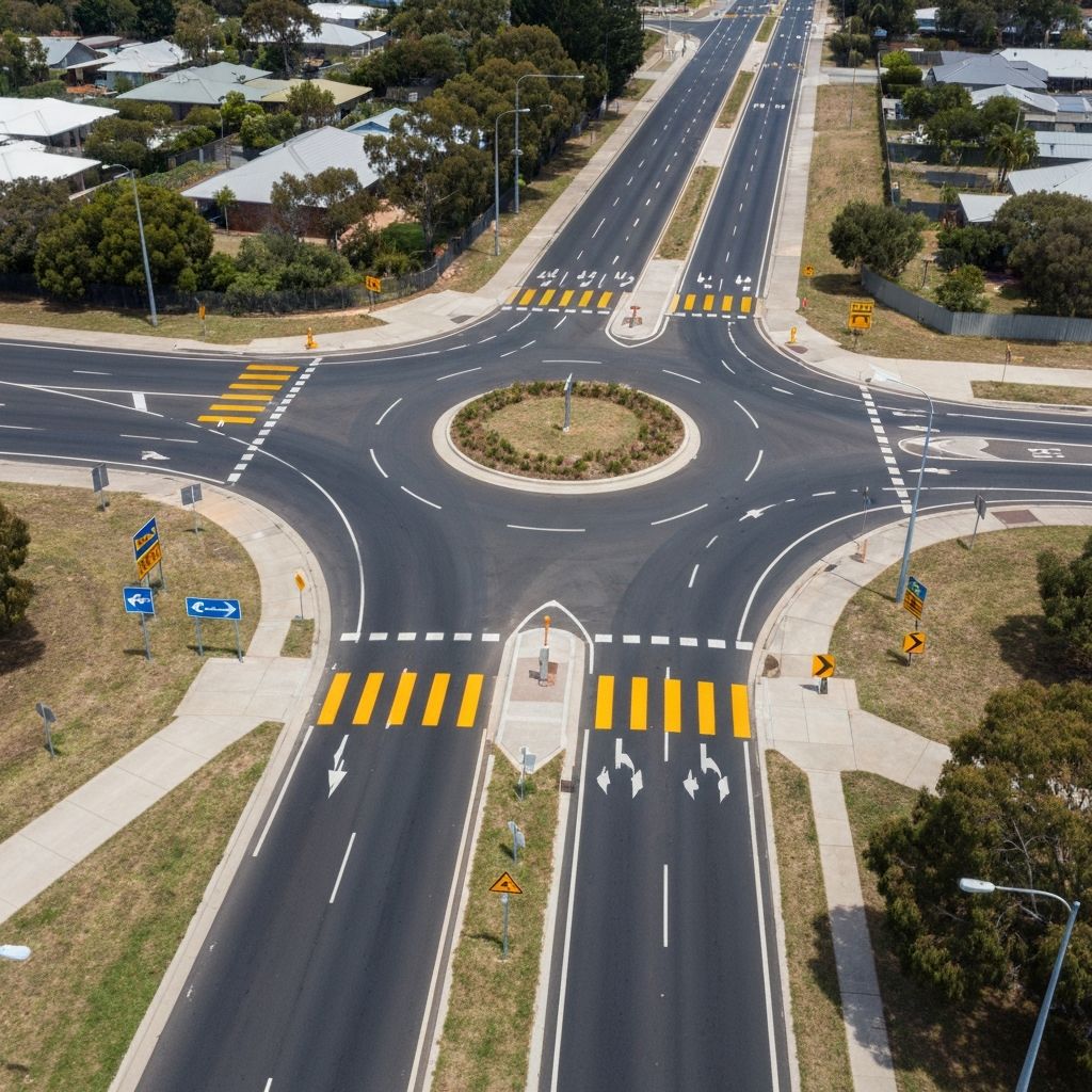 Australian suburban road intersection with clear road markings for licence test preparation